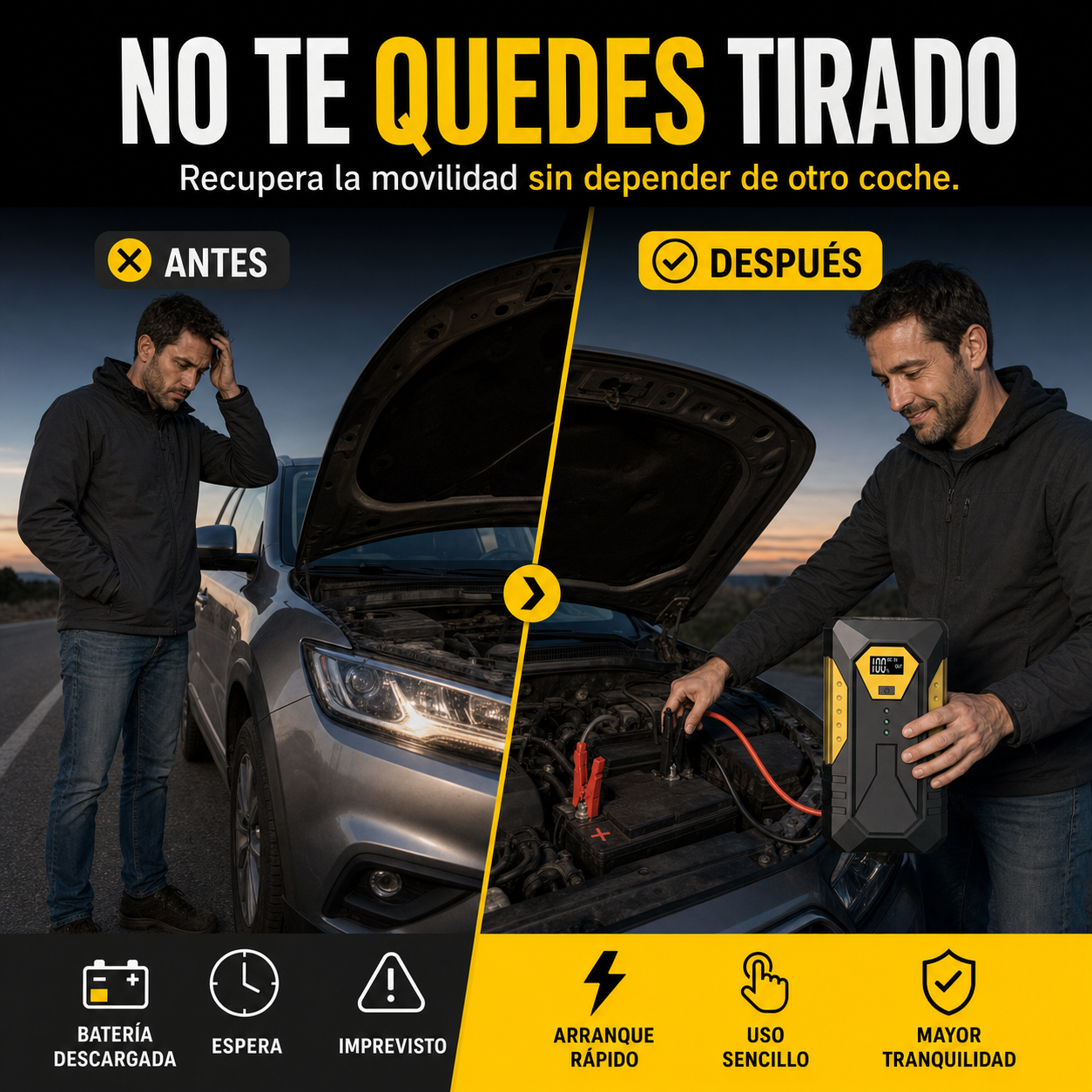 Antes y después con arrancador de batería 12V