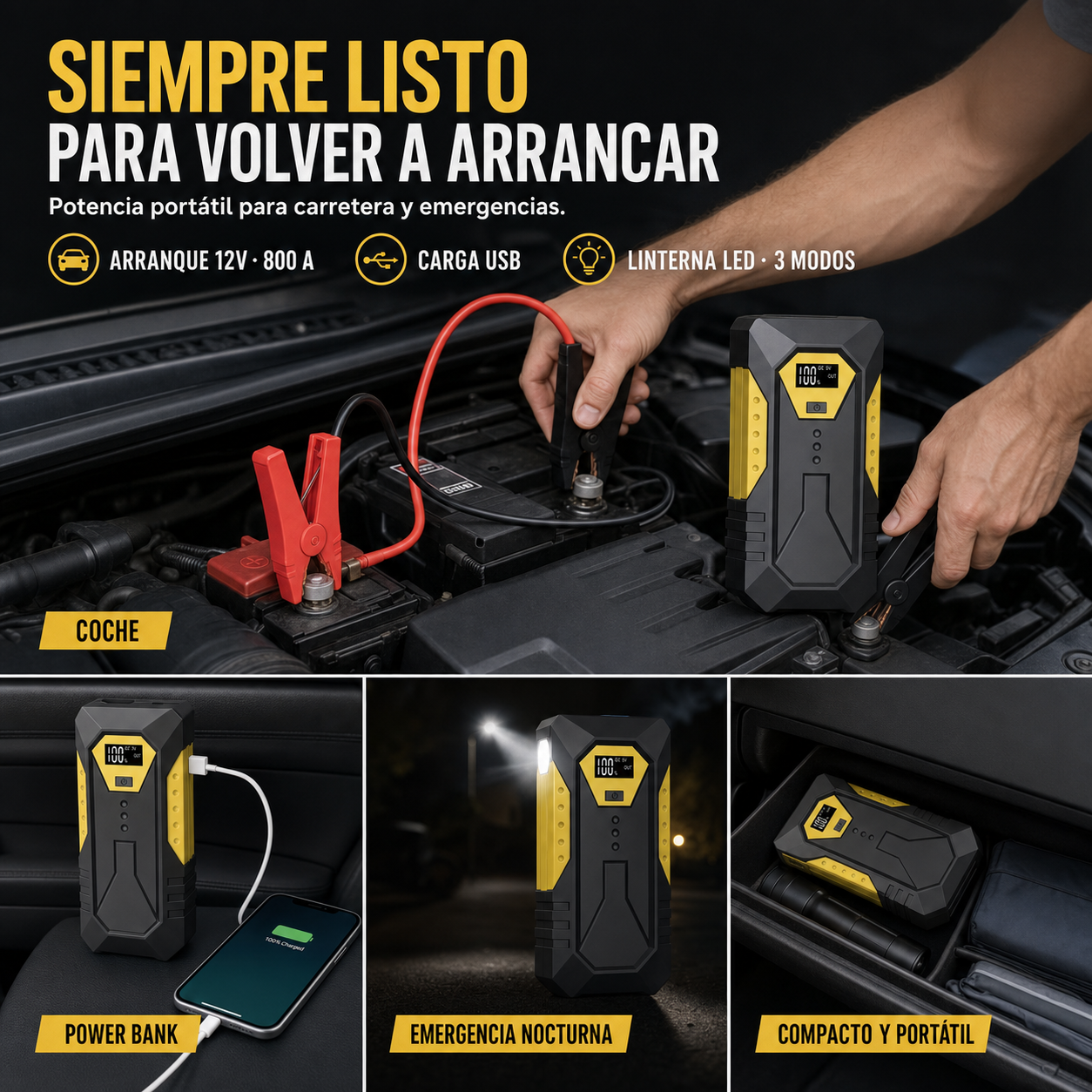 Usos del arrancador 12V, power bank y linterna LED
