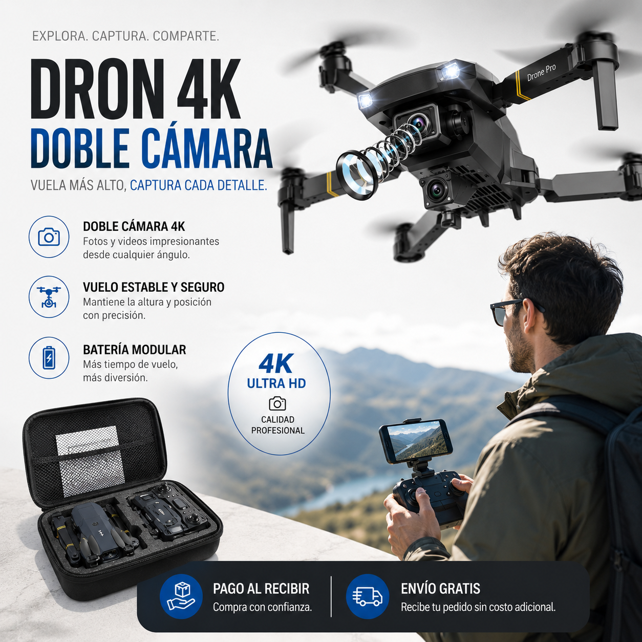 Dron con doble cámara 4K + Maletín Gratis