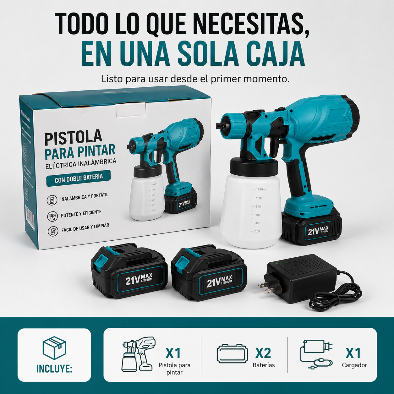Pistola para pintar eléctrica inalámbrica con doble batería