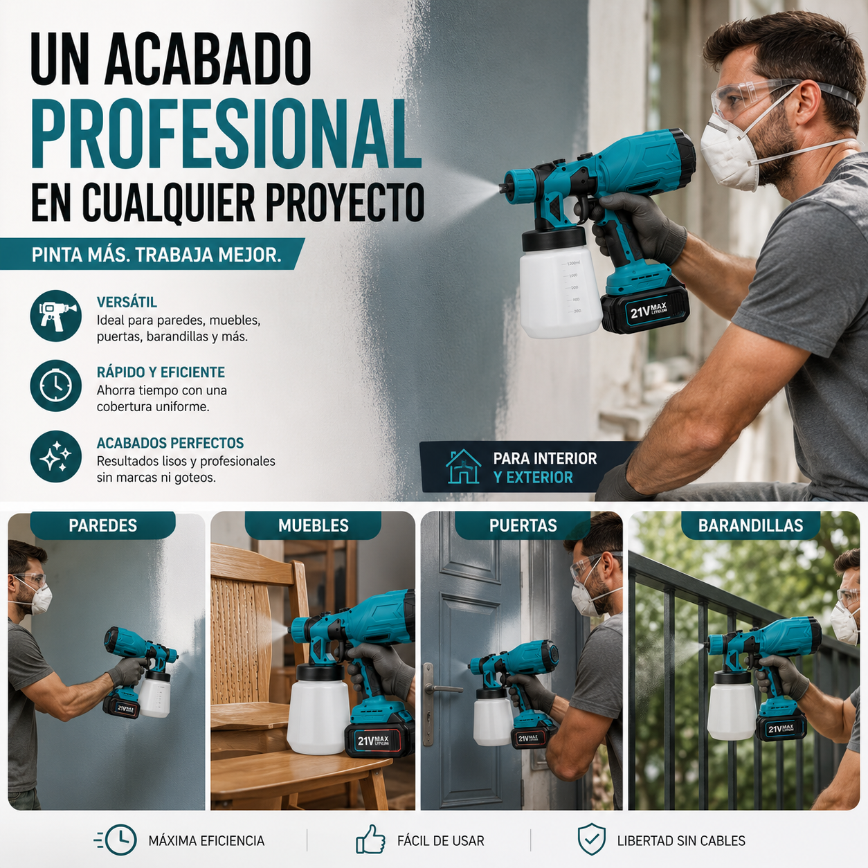Pistola para pintar eléctrica inalámbrica con doble batería