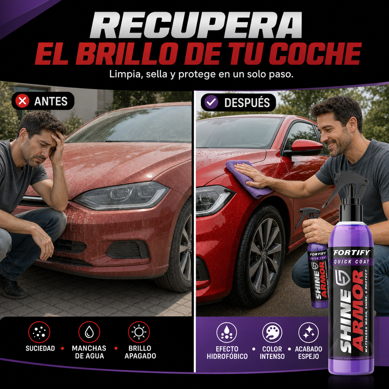 Antes y después con spray cerámico Shine Armor